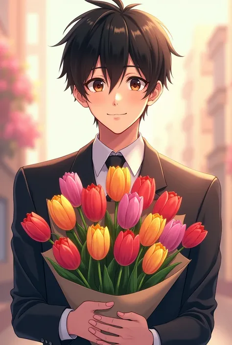  Anime drawing of a man with short black hair and tie, delivering bouquet of tulips  