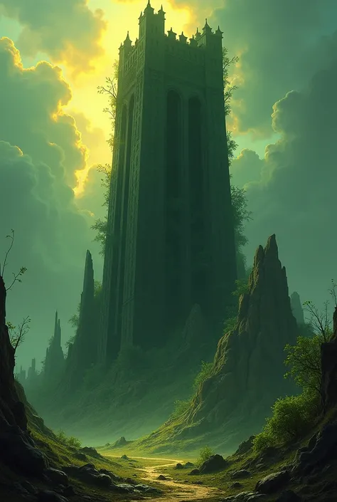 super black Dark Tower, Above the ruins, a new dark tower is rising, with a more sturdy and towering structure. Surrounded by new plants and a glimmer of hope. The painting style is hopeful, with green and gold as the main colors, showcasing the hope and f...