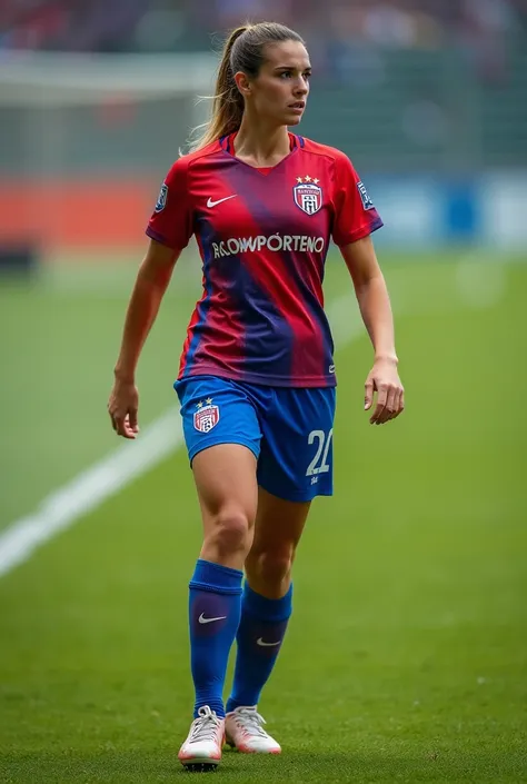 A female soccer player  , wearing the shirt of Club Cerro Porteño ,  club from Paraguay with red and blue colors