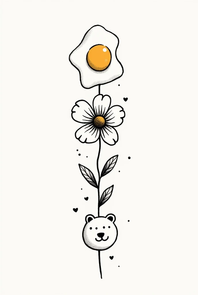 
a 2d style tattoo design with an egg yolk, A jacaranda flower, a pacman and a bear in sketch ,  in black and white 