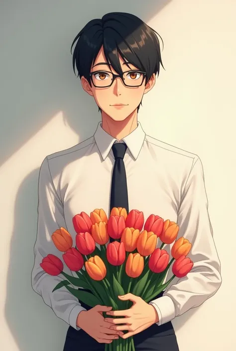 Anime drawing of a man with short black hair and tie and glasses, delivering bouquet of tulips  