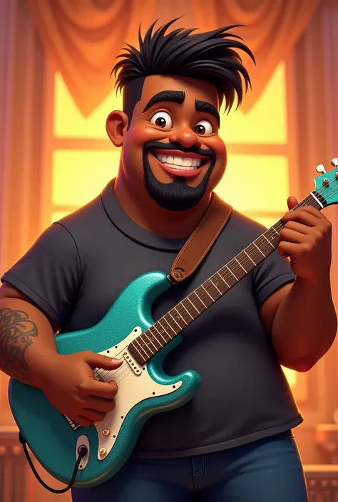 Pixar Disney style a black man a chubby one is strong black hair very short hair with gradient he has a mustache and goatee eyebrows done he is playing guitar a blue-green guitar and the guitar has glitter he has a tattoo on his left hand