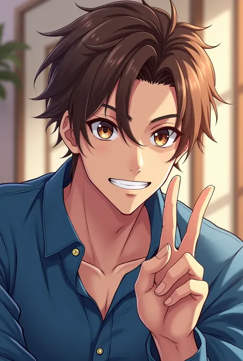 Handsome, Hot, AI anime Semi Realistic Man wearing blue shirt, smile, doing a peace sign near his chin, one of his eyebrow has a slit, has brown hair and hazel eyes, highly detailed, not a close up