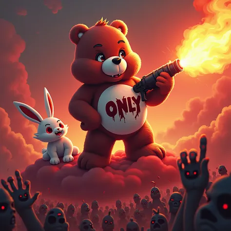 A carebear with black fur on his chest is clearly legible in red OnlyBears he has a flamethrower in his hand and stands on a blood red cloud and shoots at a battlefield full of zombies he looks completely angry Next to him on the wool sits a cool white rab...