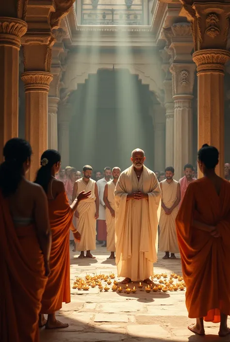 An ancient temple scene where women light oil lamps and men stand with folded hands. A priest, dressed in a white dhoti and shawl, chants prayers.
