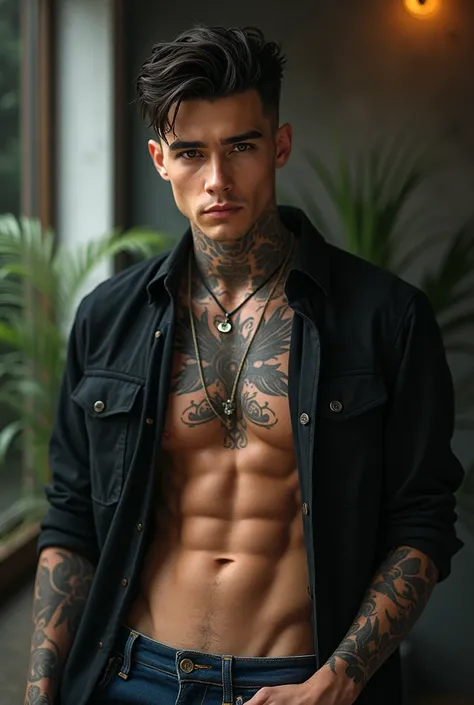 28-year-old man ,  black short hair,  brown eyes, tattoos, open shirt, The base of a pair of jeans is visible, A bit of a lateral pose