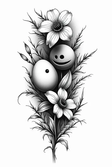 a tattoo design with an egg yolk, A jacaranda flower, a pacman and a bear in sketch ,  in black and white 