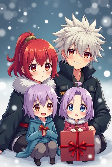 Red-haired diluke ,  lilac-haired little zombie girl qiqi ,  boy with grey hair behind Razor,  blond samurai kazuha from genshin impact anime,  New Year, winter, present,drawn, ibis paint , party, 4 characters , bunch of gifts 