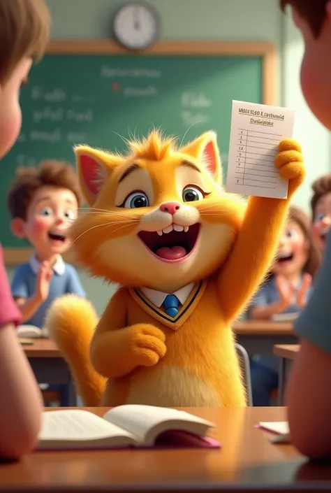 

"A cute Pixar-style cartoon cat named Tom with fluffy yellow fur, wearing a school uniform. He is sitting at his desk in the classroom, holding up a paper with a big smile on his face. The paper shows full marks, and Tom looks incredibly proud of his ach...