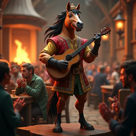 Anthropomorphic horse male, muscular and adult, with a shiny chestnut coat and a flowing black mane. He wears a colorful bards outfit: a tunic with embroidered patterns, a feathered cap, and a lute strapped across his back. His confident smile suggests he’...