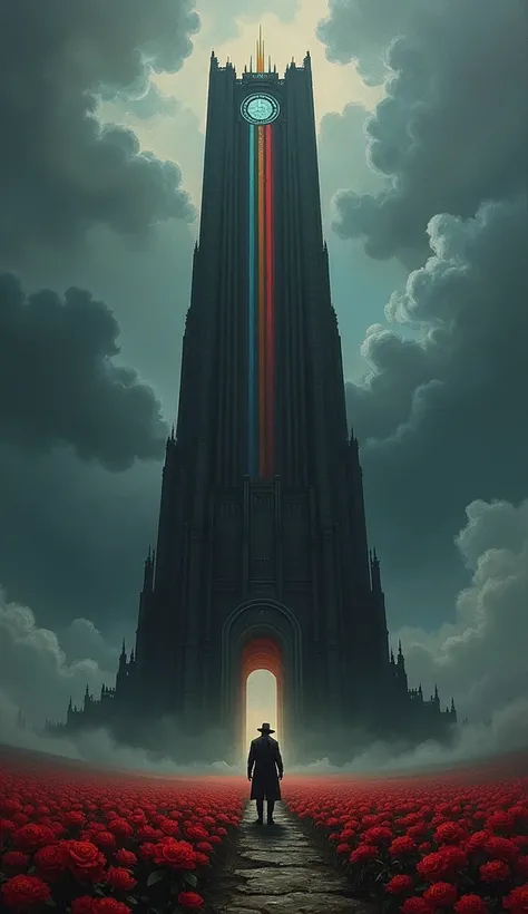 oil painting, wide angle shot, panoramic view, dark tower by stephen king, The Tower is a six hundred floor spire made of black stone, and the only entrance is a door of ghostwood, with the words "Unfound" written upon it. The tower has a central oriel win...