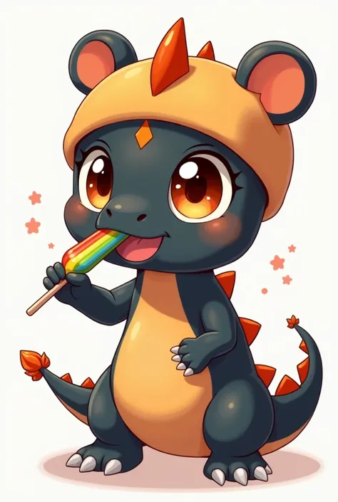  white background , Japanese Anime Master Class Illustration , A small dinosaur with simple lines , Black dragon girl , Headband with Orange Eyes and White Black Eyes,Orange eyes,Orange thorn ,orange belly,Eat a Teddy Bear Duck Tongue Hat with a Rainbow Lo...