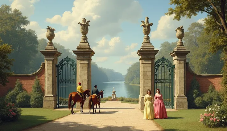 Color photo of an aristocratic equestrian estate in Europe, 1850, featuring a grand entrance with stone pillars,A lake in the background,In the foreground two women are walking in colorful dresses. Riders leave the property