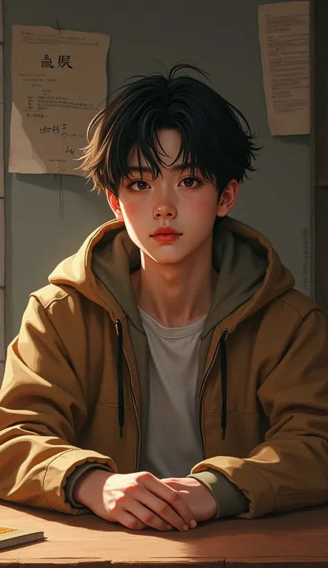  Image of a teenage boy of Chinese origin who is still in high school.  With shades of brown ,  has slightly disheveled straight hair .  With brown eyes , and detective theme . Make it like a book cover.  Give me a picture of a book flying behind him, and ...