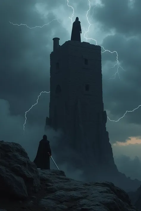 super black Dark Tower, At the end of a desolate world, a towering dark tower stands alone. This tower is built of black rock, with traces of erosion from time on its surface. A cloaked guardian stood at the top of the tower, overlooking this forgotten lan...