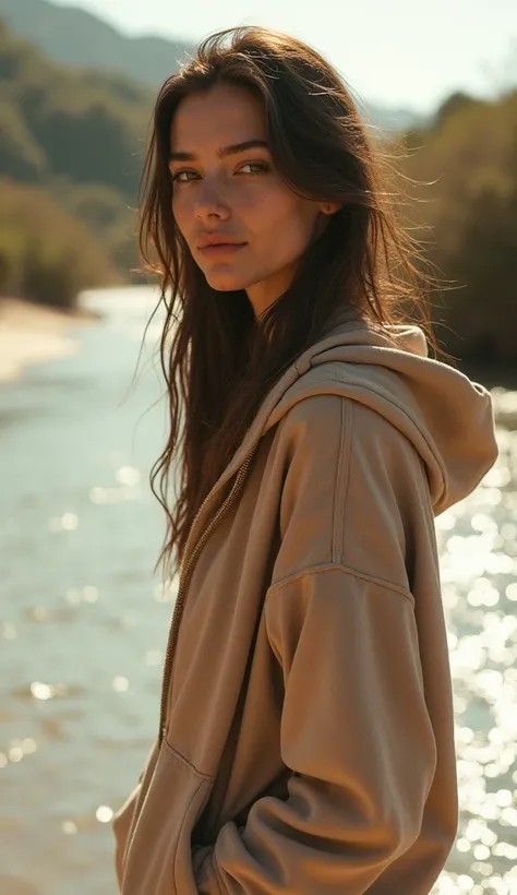 a beautiful 22 year old girl. with wearing beautiful hoodie. standing closly to the river in beach. also the weather is so sexy. and girl lookingto other side 