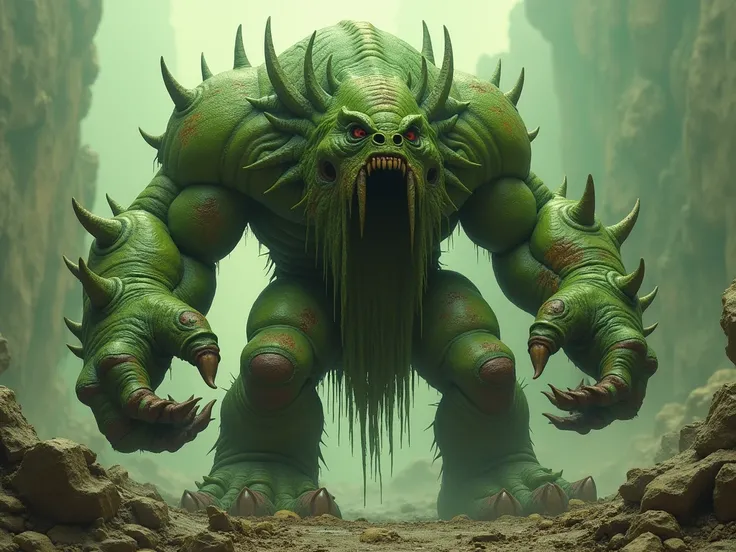 Nurgle is portrayed as a huge anthropomorphic green creature (By the way , , the color of this Dark God — green and dark orange  (the color of rust )).  As the patron saint of decay , , he does not contain his own body in perfect order — ulcers ,  wounds a...