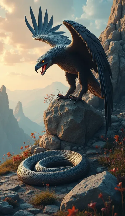 Create 32k ultra-fantasy masterpiece artwork of a scene depicting a snake and an eagle, each in their original forms, within a vibrant fantasy world. The snake, coiled on the ground with shimmering scales and a menacing posture, exudes an aura of danger an...