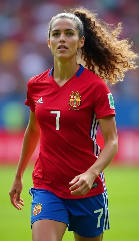 Spanish soccer girl, bright green eyes, straight teeth, light skin, light brunette curly hair in ponytail, c cup breasts, red adidas jersey with number 7 on it, blue adidas shorts with number 7 on them, playing in a soccer game, full body shot, 