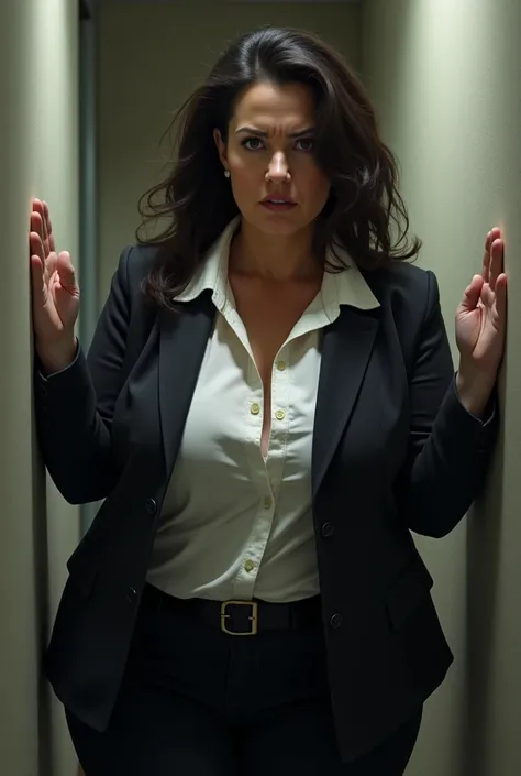 Secret agent mature curvy woman 50yo with black jacket and wearing an open button-up white shirt under the jacket, huge boobs hiding scared against the wall. She is scared by something