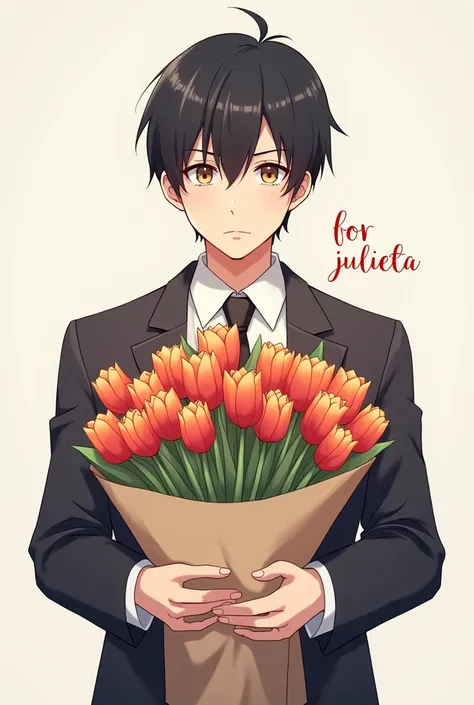 Anime drawing of a man with short black hair and a sorry tie and glasses, Giving a bouquet of tulips with letters that say "for Julieta "