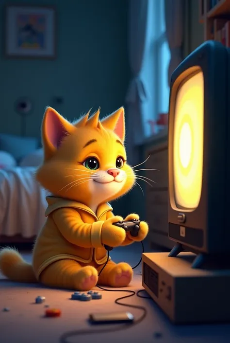 




"A cute Pixar-style cartoon cat  named Tom with fluffy yellow fur, wearing a comfy pajama set. He is sitting on the floor in front of a TV, completely engrossed in a video game late at night. The room is dimly lit, with the glow from the TV screen ill...