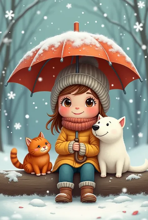 A pretty happy girl with big eyes in winter clothes sits on a log, , holding an umbrella , next to the umbrella ,  srarava sits snuggled up a happy white dog ,  sits on the left, huddling ,  in his hands, a happy red cat ,  large snowflakes fall from above...