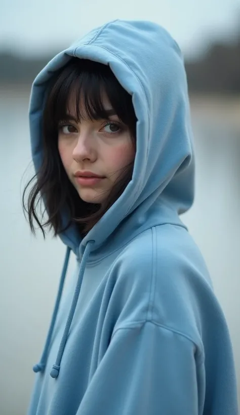 a beautiful 22 year old girl. with wearing beautiful hoodie. standing closly to the river in beach. also the weather is so sexy. and girl lookingto other side. girl not looking to the camera. her face not show. and also girl is not close to the camera. and...