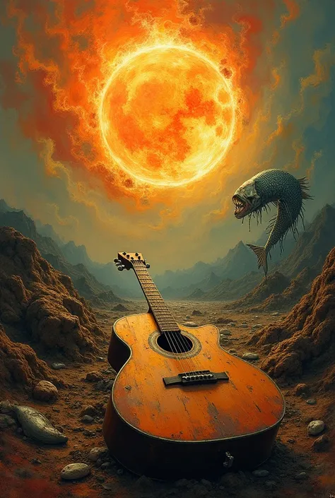  Apocalypse, Abstract art, fish skeleton , Sun Destroying , rio seco, Amazon, Old guitar with broken strings, end of the world