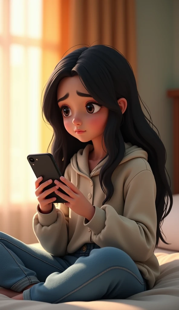 Rida, a 22-year-old student, sits on her bed scrolling her phone. She has long black hair, expressive eyes, and wears a casual outfit: a light shirt and jeans. Her face shows slight exhaustion as she stretches and glances at the window."3d animation hd qui...