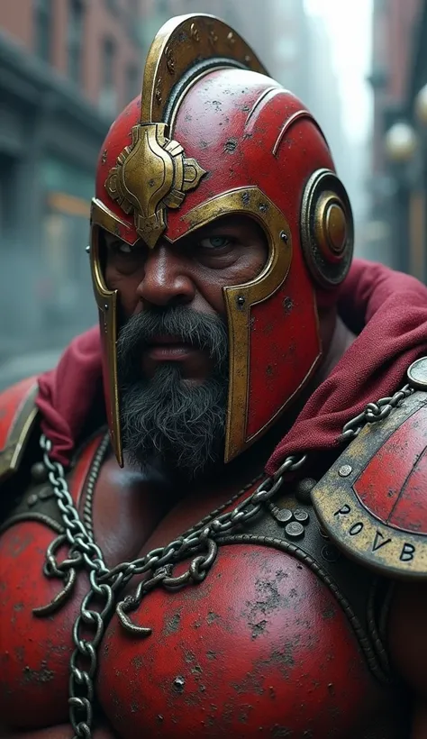 Create a hyper-realistic depiction of Marvels Juggernaut character, focusing on his iconic helmet. Imagine you are designing a live-action version of this character for a superhero movie.

The helmet should take center stage, capturing the essence of the c...