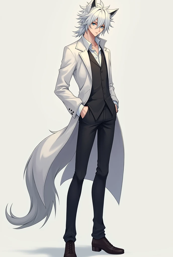 full body anime style,  18-year-old male ,  white hair,  measures 1 ,60, toned but quite thin and has pointed wolf ears and a tail similar to that of this animal. His eyes are deep blue 