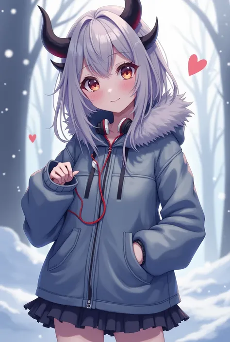 Anime Girl Half-Fairy and Demon Two-color Eyes, Earphones on Neck, Wearing Winter Outfits, Wearing Coveralls, Wearing Skirt