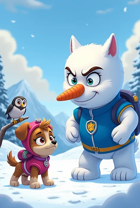 Paw Patrol Dog Sky, angry snowman and owl