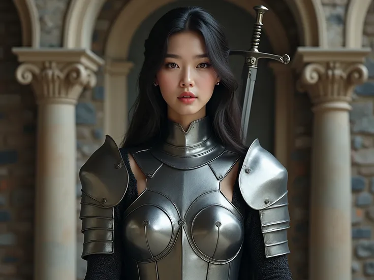 masterpiece,  top quality,  Best Quality ,  high resolution,  realistic, RAW photos, 매우 상세한 CG 통합 8K 배경화면 high resolution.  accurate hands . realistic face.  Navel Piercing . Silvery sexy silver European armor with exposed abs.  thigh band stockings .  dee...