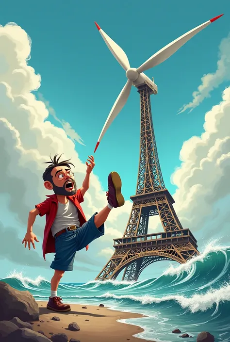 Caricature. 
Un combat entre la tour Eiffel et une éolienne maritime.
La tour Eiffel met un coup de pied à léolienne qui sécroule.