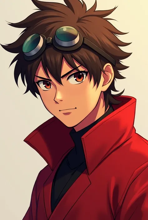 Ninja rojo,  brown hair , agile,  with a scar over her right eye,  with lenses on her hair , no bands , without a mask,  portrait, man, male,  animation.
