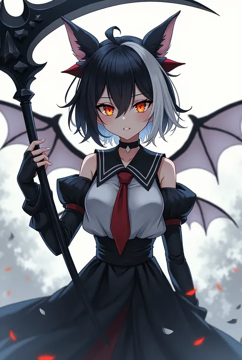 Anime girl flat breasted black white hair fairy mixed demon with two colored eyes holding a sickle