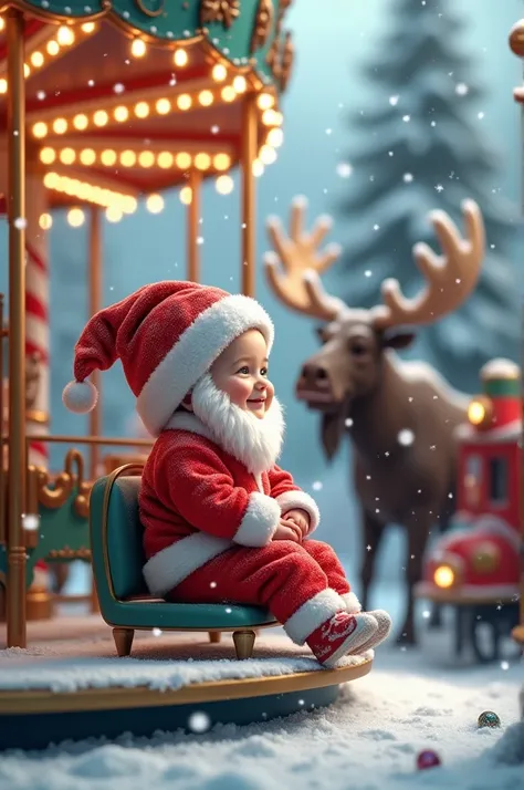 A cute baby,  with a Santa Claus costume ,  including the traditional white beard ,  is on a magical carousel , gently rotating .  The carousel is decorated with vibrant details ,  illuminated by twinkling lights and Christmas ornaments. Baby smiles ,  mar...