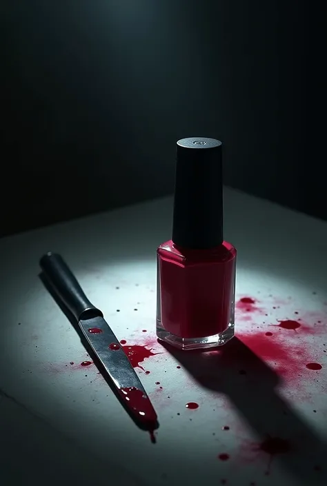  a bottle of nail polish and a bloody scalpel, both on the table 