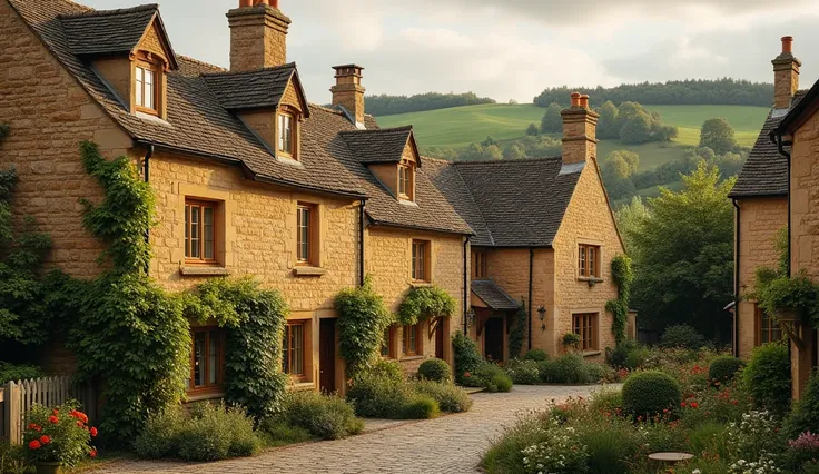 A charming English village with stone houses made of golden sandstone, their soft hues glowing in the evening light. The houses are surrounded by flower gardens, cobblestone paths, and rolling green fields.


---