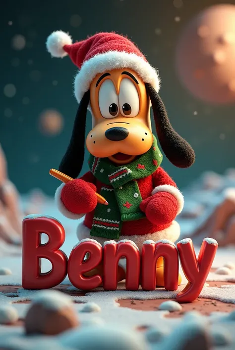 Pluto vestito di natale che scrive  il nome Benny 3d