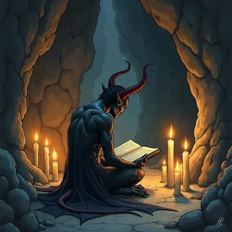 demon with his back turned, reading a book in a dark cave full of candles, 
hand drawn