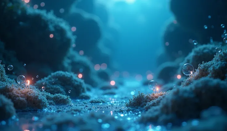 (photorealism:1.2), 3D, skech, A shallow ocean with microscopic organisms glowing faintly, surrounded by bubbles and early chemical reactions under water.