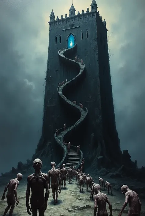 A nightmarish oil painting of a sinuous line of horrifying and disfigured night marchers wriggling and writhing as they walk towards an obsidian black tower in a sunless day with grey clouds; a narrow spiral staircase winds on the exterior of the black tow...