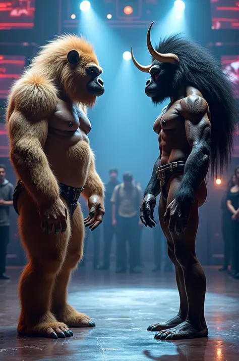 A half human half carabao and half human half gorilla are face each other. They are both female. They are standing on the stage of americas got talent. They wear clothes. Make it realistic