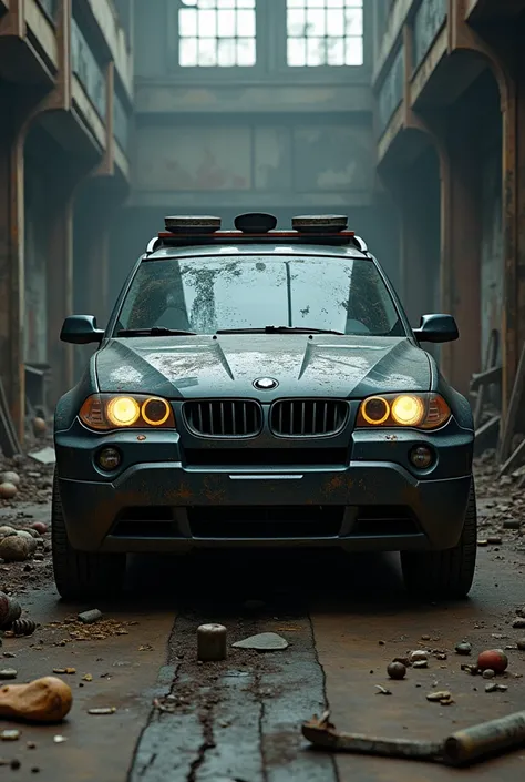 Black 2007 BMW X3 in a post-apocalyptic workshop 