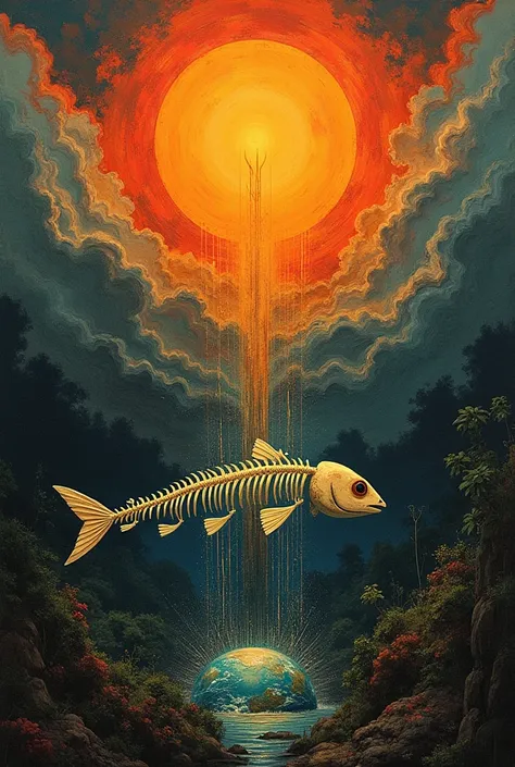 Abstract art, Subversive, Grunge art ,  Apocalypse,  Sun destroying Earth, fish skeleton, Amazon, rio seco , Amazon theatre , meteor destroying  