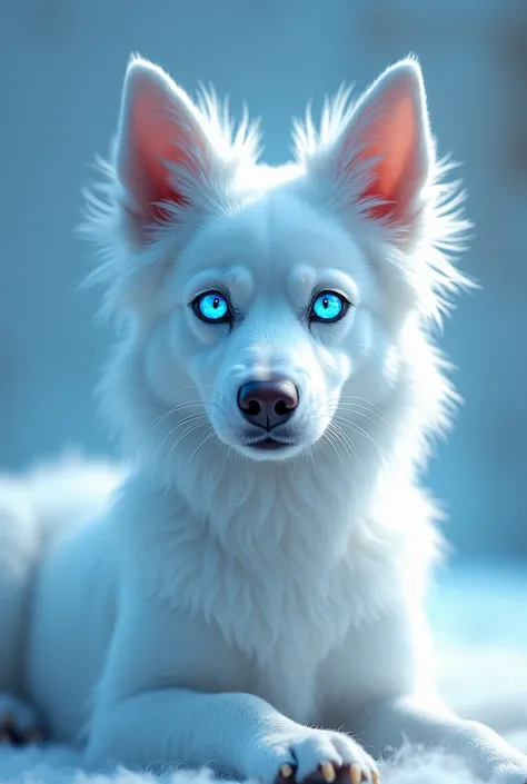 Totally white medium sized long-eared creole dog, blue eyes with so much light that they illuminate ,