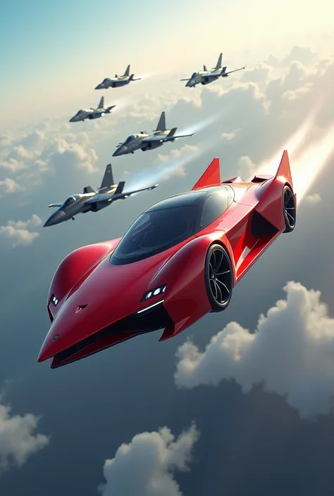 A red car fly in the sky with chasing airplane with fighters jet